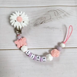 Catenella Ciuccio Nuckelkette con Nome Rosa Lilla Bianco Silicone Ragazza Fiore - Bild 1 von 1