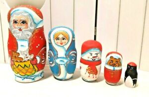 Russische Matroschka 5 Puppen Holz Handarbeit Weihnachtsmann Матрешка Дед Мороз 