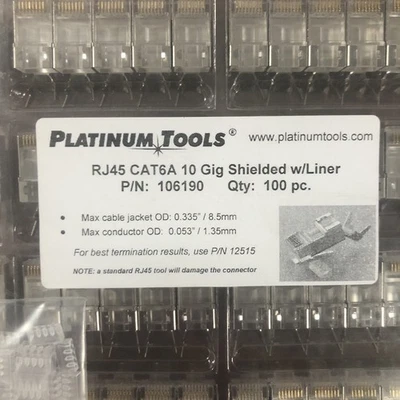 Platinum Tools 106190 RJ45 Cat6A 10 Gig Shielded Connector with Liner, 100-Pack - Image 1 of 4