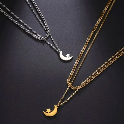 Collana a doppio catena in acciaio inox ciondolo LUNA STELLA donna ragazza - Immagine 1 di 4
