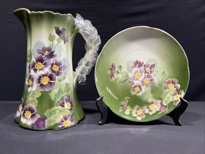 Vintage French Pottery Pitcher with Purple Floral K.G. Luneville Primevére Set 2 Foto 1 de 4