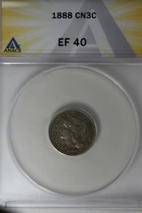 1888 .03 ANACS EF 40 Three Cent Nickel, Liberty Three Cent Piece - Picture 1 of 2