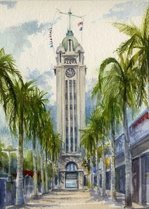 Torre Aloha, faro Honolulu Hawaii. Impresiones artísticas en acuarela de Gerald Hill - Imagen 1 de 2
