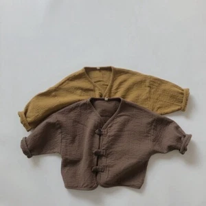 Boy Girl Retro Cardigan Toddler Baby Cotton Button Shirt Cropped Retro Jacket - Picture 1 of 13
