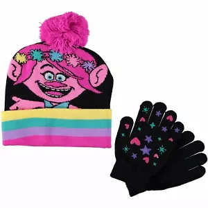 DreamWorks Girls Trolls Pom Pom Winter Hat Glove Set for Little Girls Age 4-7 - Picture 1 of 1