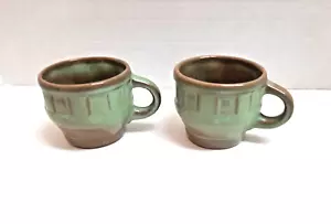 Set of 2 Vintage 94C Frankoma Prairie Green Wagon Wheel Coffee Cups Mugs - Picture 1 of 7