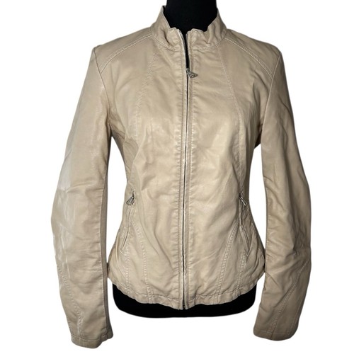 OFF WHITE Giacca Moto LA COALITION Donna S Vegan Pelle Panna Zip Laterale Elasticizzata Intarsiata