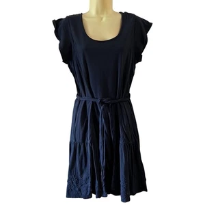 G.H.Bass & Co. Woman Size L Navy Blue Knit Dress Embroidered Drop Waist Tie Belt - Picture 1 of 11