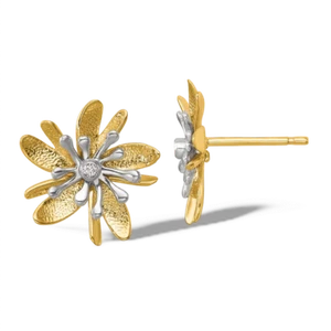 14K Solid Two Tone Gold Diamond Flower Stud Earrings - Picture 1 of 2