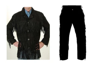 Chaqueta y Pantalón con Flecos de Cuero de Gamuza Negra Old Western para Hombre WSP29 - Imagen 1 de 6