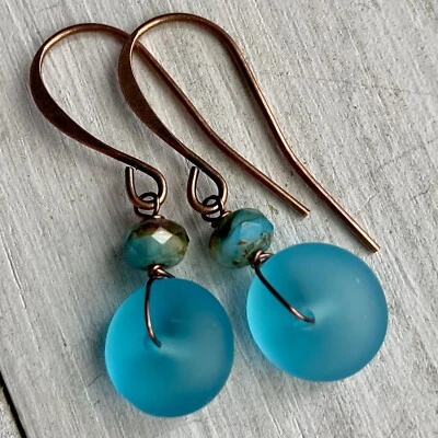 Антикварные медные серьги ремесленников из стекла Min Favorit Pacific Blue Sea и чешского стекла - Изображение 1 из 4