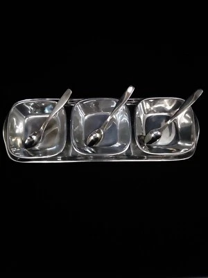 POTTERY BARN Barona Silver 7 Piece Condiment Service w 3 Bowls/Spoons + Platter - Image 1 of 4