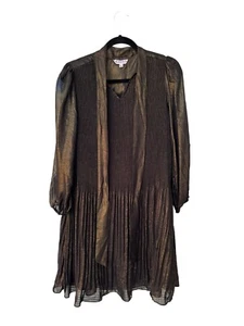 Nanette Lepore Pleated Dress Womens 2 Shift Tie Neck Long Sleeve Gold Academia - Picture 1 of 10