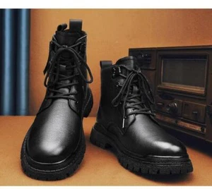 Herren Leder Reißverschluss Runde Spitze Flach Schnürung Rutschfest Stiefeletten Outdoor Motor Schuhe - Bild 1 von 7