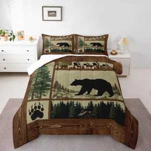 Manfei Rustic Bear Comforter Set Queen Size, Hunting Theme Wildlife Bear Deer Qu - Picture 1 of 12