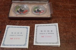 1997 China Colorized 1oz & 1/2oz Silver Pandas W COA & BOX - Picture 1 of 10