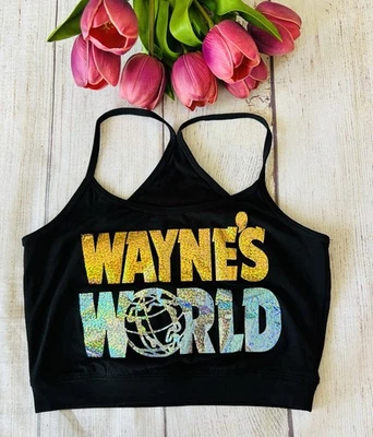 Sujetador deportivo Wayne’s World negro holográfico dorado plateado logotipo cuello redondo algodón M Foto 1 de 4