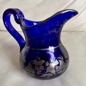 Elegant Blue Glass Pitcher with Silver Accents Vintage - Picture 1 of 10