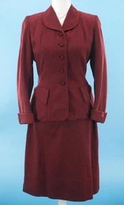 VTG Women's 50s 2 Pc Maroon Wool Dress Suit Sz S 1950s Jacket Skirt Set - Picture 1 of 17