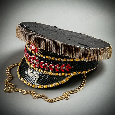Black Gold Steampunk Burning Man Captain Hat w/ Rhinestone Chain Fisherman CAP - Image 1 of 4