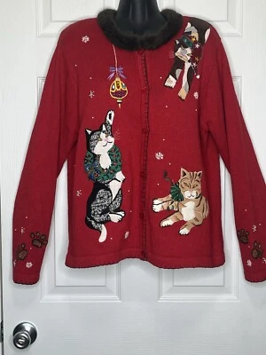 Ronnie Salloway свитер женщин SZ L красный Рождество сумасшедший кот леди бисер винтажный - Изображение 1 из 4