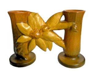 Vaso vintage Roseville USA arte ceramica clematide autunno marrone doppio bocciolo 194-5 - Foto 1 di 12