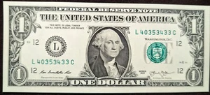 Four of a Kind 3s Fancy Serial No 40353433 Uncirculated 2013 $1 Dollar Bill X77 - Picture 1 of 2