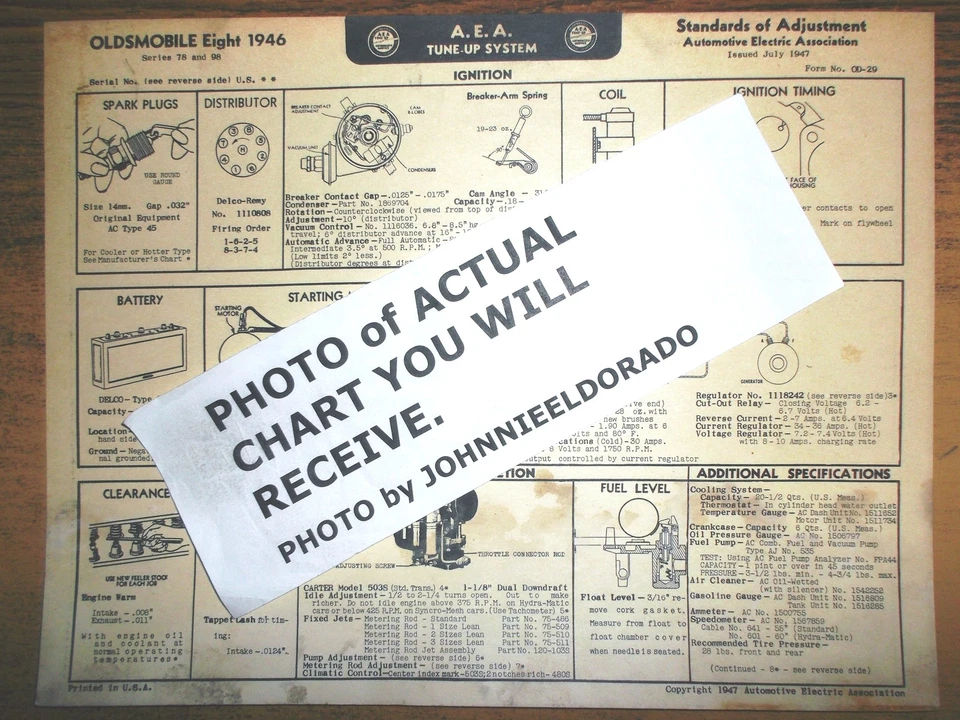 Oldsmobile 1946 serie ocho modelos 78 y 98 AEA tabla de afinación Foto 1 de 1