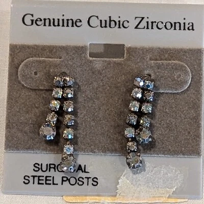 Cubic Zirconia Studs Posts Dangle Drop Surgical Steel Prong Set NOS USA - Image 1 of 4