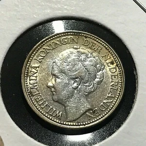 1928 NETHERLANDS SILVER 25 CENTS BRILLIANT UNCIRCULATED SCARCE - Picture 1 of 2