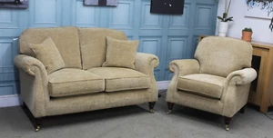 PARKER KNOLL WESTBURY 2 SEATER SOFA & CHAIR IN BASLOW GOLD PLAIN FABRIC - Picture 1 of 16