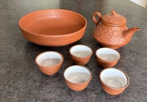 Vintage Red Chinese Red Clay Teapot With 5 cups and bowl. Signed - Picture 1 of 13