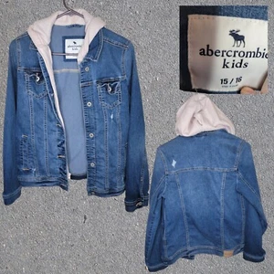 Girl's Abercrombie & Fitch Kids Denim Pink Hooded Jacket Size 15/16 EUC - Picture 1 of 8