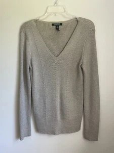 Lauren Ralph Lauren Large Ribbed V-neck silver metallic sweater Long Sleeves - Picture 1 of 21