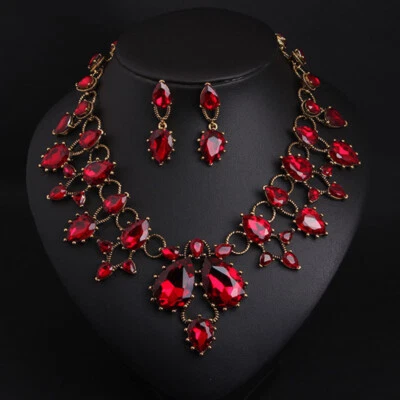 Crystal Rhinestone Water Drop Necklace Earrings Jewelry Set Statement Bib Choker - Image 1 of 4