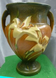 ROSEVILLE POTTERY ZEPHYR LILY 202-8 DOUBLE HANDLED FLOWER VASE sqqk - Picture 1 of 5