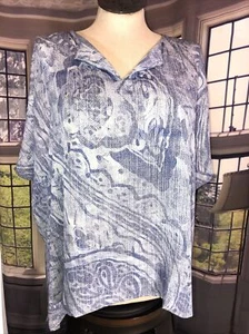 Chicos 1 M NWT Dolman Split Neck Blouse Blue Indigo Woven Pattern msrp $99 - Picture 1 of 12