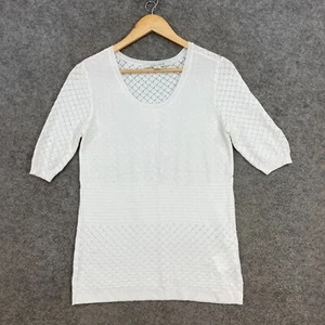 Laura Ashley Top Womens Medium White Knit Half Sleeve Stretch Fitted 28509 - Picture 1 of 10