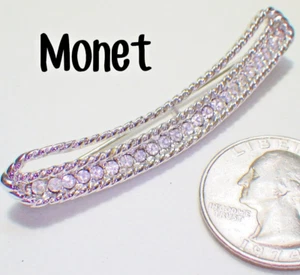 Classic Vtg Signed MONET Rope Twist & Rhinestone Silvertone Curved Bar Pin 2.5" - Picture 1 of 3
