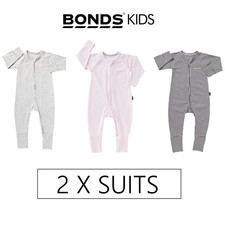 2 x BONDS BABY ZIP WONDERSUIT - Grey Pink Coverall Stripes