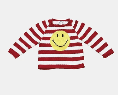 KITT Handmade Knit Sweater Girls 4T Smiley Face Red White Stripe Cotton Peru New - Image 1 of 4