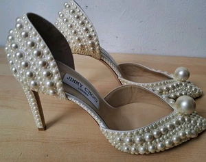 Jimmy Choo Women's White Satin Sabine 85 Bridal shoes heels Pearls Size 41 UK8 - Picture 1 of 22