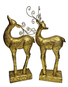 Vintage Pair Golden Resin Deer Figures Figurines Christmas Decor - Picture 1 of 5
