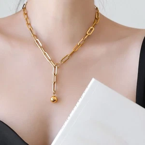 Gold Paperclip Necklace Adjustable Sweater Chain Necklace Girl Gift - Picture 1 of 12