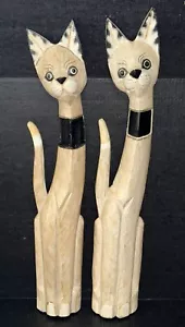 Pair Of Vintage Hand Carved And Painted Tall Wooden Flat Back Cats 30”Tx5” W - Picture 1 of 7