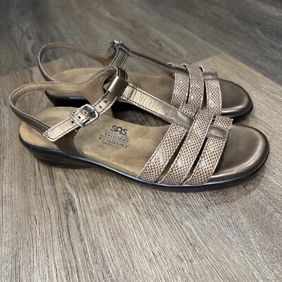 SAS T-Strap Sandals Tripad Comfort Women 7.5N Brown Bronze Leather Snakeskin USA - Image 1 of 4