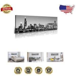 Beautiful Black and White Cityscape Canvas - Chicago Skyline Wall Art 14x48 - Picture 1 of 8