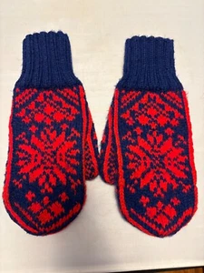 Vintage Selbu Snowflake Mittens Adult Red Blue Hand Knit Wool - Picture 1 of 6