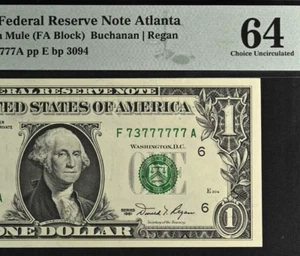 1981 $1 Federal Reserve Note PMG 64 "Mule" near solid serial number 73777777 - Picture 1 of 3
