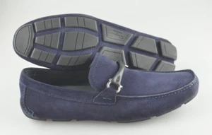 Men's SALVATORE FERRAGAMO 'Grand Prix' Navy Blue Suede Loafers Size US 10.5 - E - Picture 1 of 6